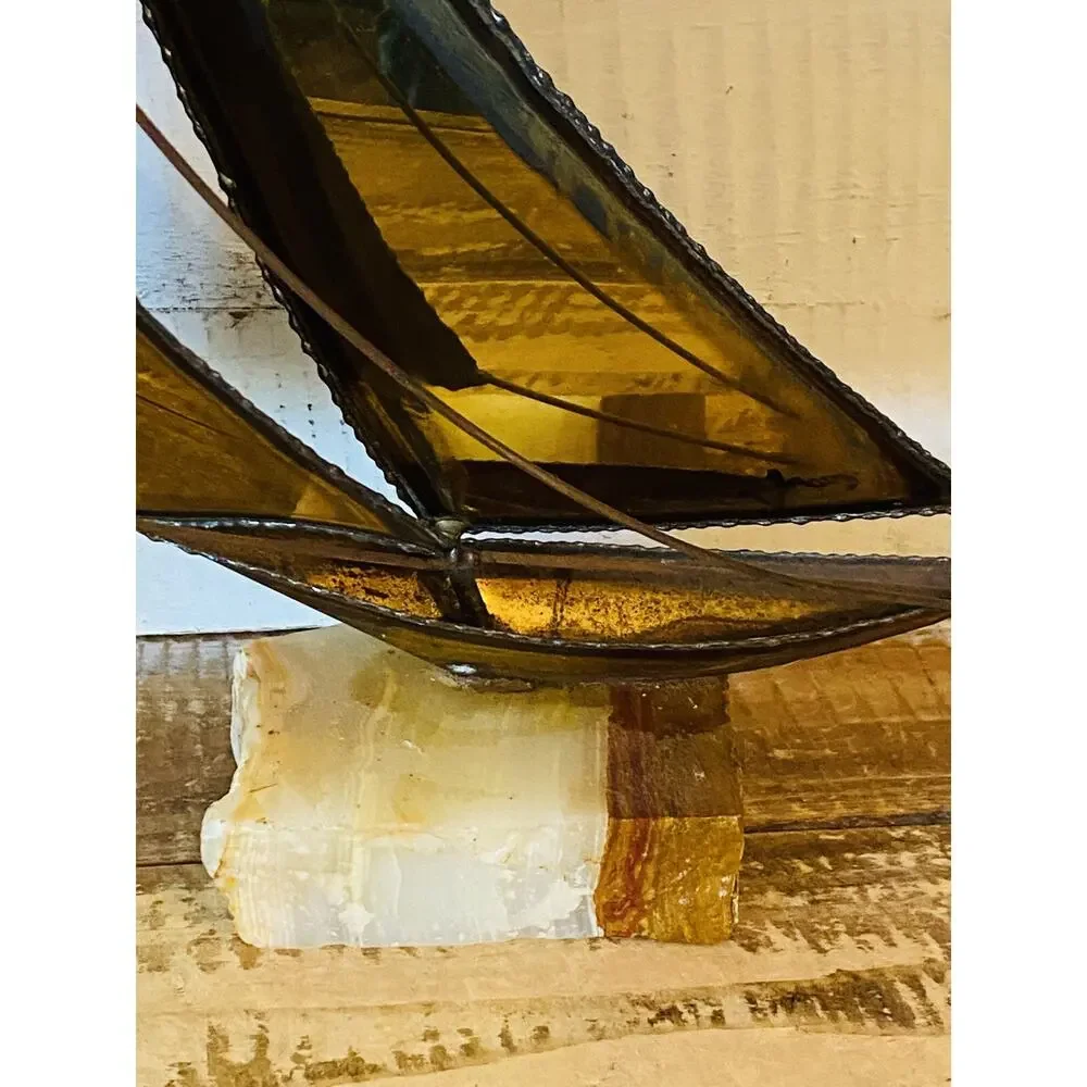 Vintage Mid Century Brass Sailboat Sculpture Stone Base Signed 15.25